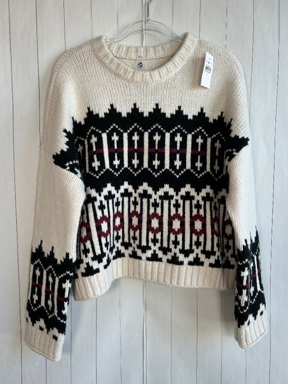 Lou & Grey size L chunky knit sweater beige black geometric Fair Isle NEW